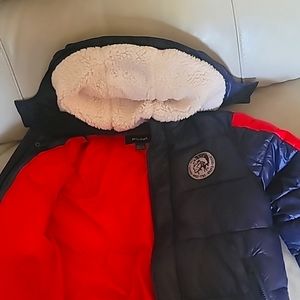 Diesel Boys Size 12 Only The Brave Sherpa Hooded Puffer Jacket Blue Red